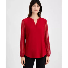 Macy's Women's Sheer-Sleeve Split-Neck Knit Top, Regular and Petite Sizes-Fire Red