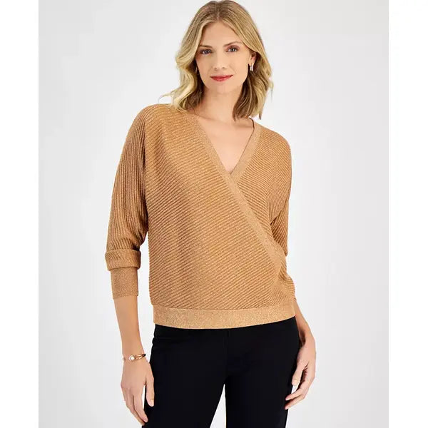 Women's Faux-Wrap Long-Sleeve Sparkle Sweater, Created for Macy's-Canyon trail