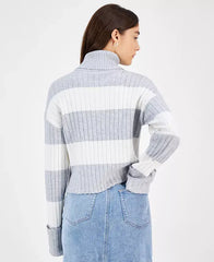 Juniors' Stripe Cuffed Sleeve Turtleneck Sweate, created by Macy's-Grey/White