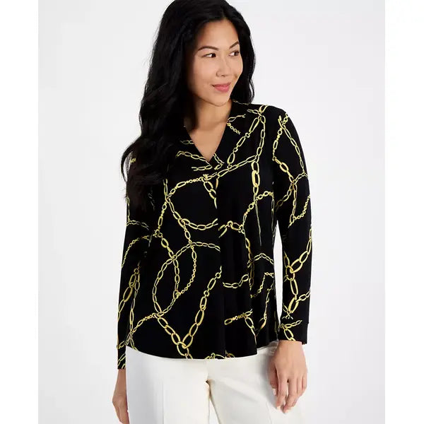 Anne Klein Petite V Neck Chain Print Blouse for Women, Stylish and Elegant Top, Anne Black
