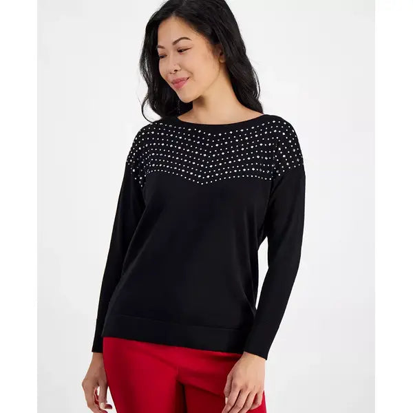 Anne Klein Petite Embellished Boat Neck Sweater for Women, Elegant and Cozy Knit Top