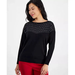 Anne Klein Petite Embellished Boat Neck Sweater for Women, Elegant and Cozy Knit Top