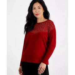 Anne Klein Petite Embellished Boat Neck Sweater for Women, Elegant and Cozy Knit Top