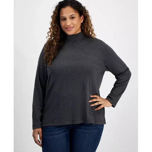 Plus Size Cotton Mock Neck Long-Sleeve Top, Created for Macy's-Charcoal heather