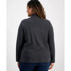 Plus Size Cotton Mock Neck Long-Sleeve Top, Created for Macy's-Charcoal heather
