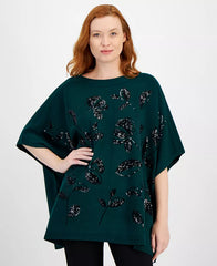 Macy's Women's Sequin-Detail Poncho Top-Pine forest