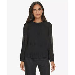 Macy's Women's Pleated Long-Sleeve Crewneck Top-Black