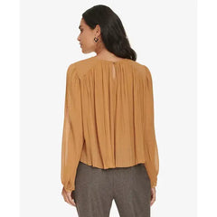 Macy's Women's Pleated Long-Sleeve Crewneck Top-Luggage