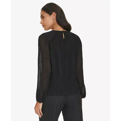 Macy's Women's Pleated Long-Sleeve Crewneck Top-Black