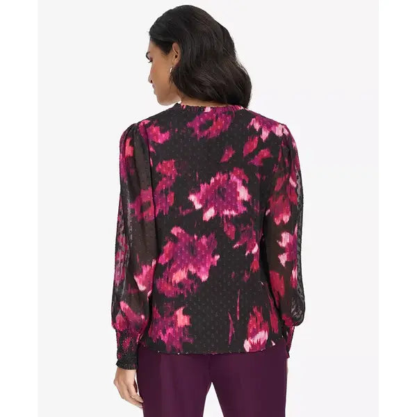 Macy's Women's Printed V-Neck Long-Sleeve Blouse-Black multi