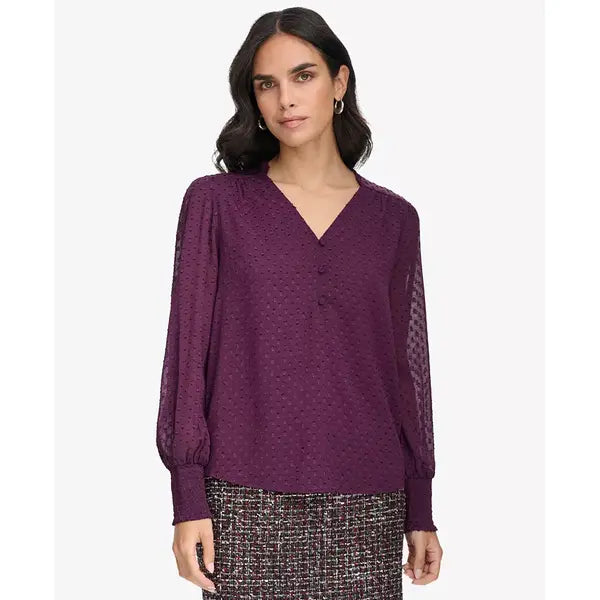 Macy's Women's Clip-Dot Long-Sleeve Blouse-Aubergine