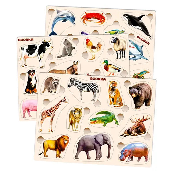 Quokka 3xSET Wooden Montessori Puzzles for Toddlers 1-3 – Learning Realistic Animals
