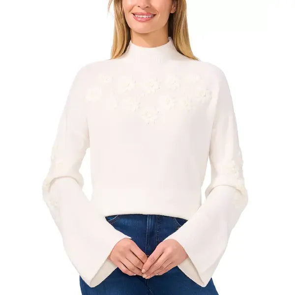 Macy's Women's Floral Embroidered Mock Neck Bell-Sleeve Sweater-Antique white