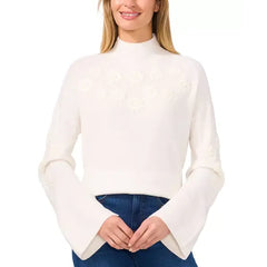 Macy's Women's Floral Embroidered Mock Neck Bell-Sleeve Sweater-Antique white