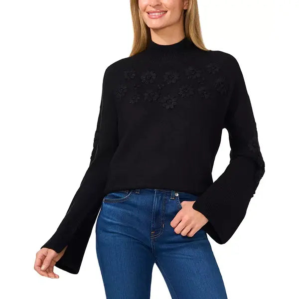Macy's Women's Floral Embroidered Mock Neck Bell-Sleeve Sweater-Black
