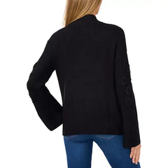 Macy's Women's Floral Embroidered Mock Neck Bell-Sleeve Sweater-Black