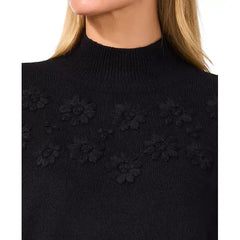 Macy's Women's Floral Embroidered Mock Neck Bell-Sleeve Sweater-Black