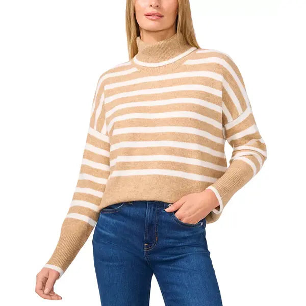 Women's Striped Long Sleeve Turtleneck Sweater,Created by Macy's-Latte heather