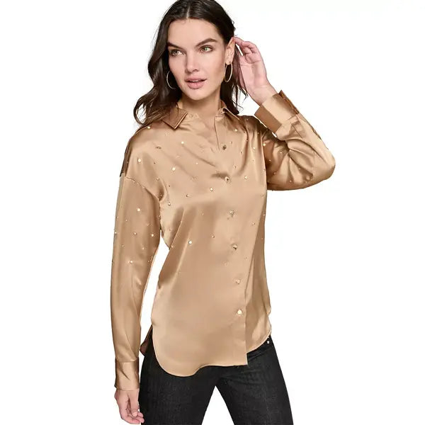Macy's Women's Imitation-Pearl Satin Button-Front Top, Regular & Petite-Liquid gold