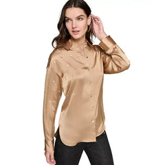 Macy's Women's Imitation-Pearl Satin Button-Front Top, Regular & Petite-Liquid gold