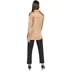 Macy's Women's Imitation-Pearl Satin Button-Front Top, Regular & Petite-Liquid gold