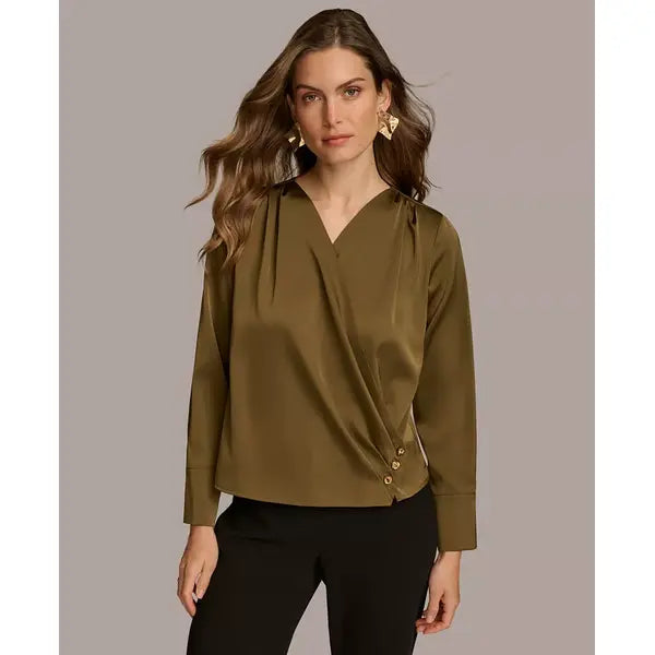 Macy's Women's Long Sleeve Faux-Wrap Satin Blouse-Beech