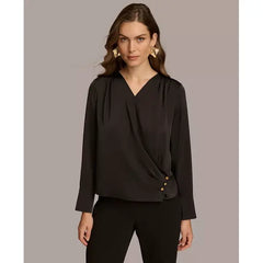 Macy's Women's Long Sleeve Faux-Wrap Satin Blouse-Black