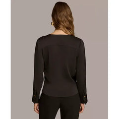 Macy's Women's Long Sleeve Faux-Wrap Satin Blouse-Black