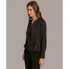 Macy's Women's Long Sleeve Faux-Wrap Satin Blouse-Black