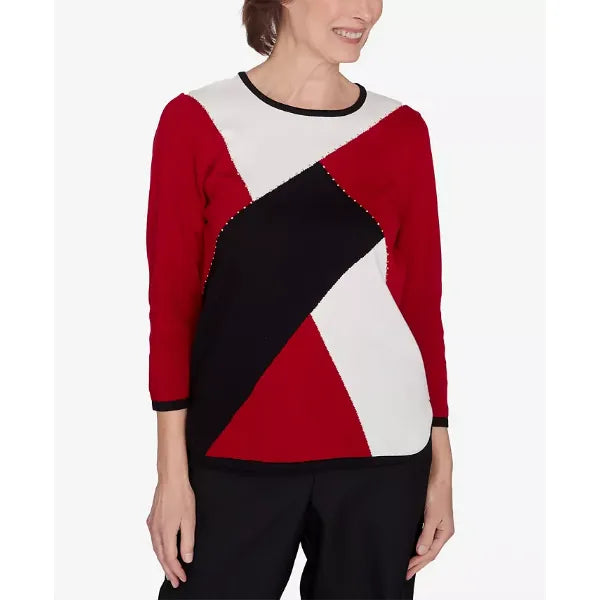 Alfred Dunner Petite Classics Colorblock Beaded Sweater, Red , Size PS