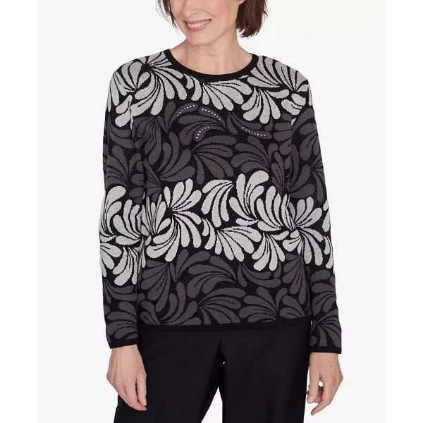 Alfred Dunner Petite Classics Geometric Ombre Scroll Sweater, Charcoal , Size PL