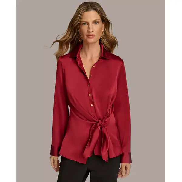 Macy's Women's Collared Tie-Waist Shirt-Mtrpltn Red