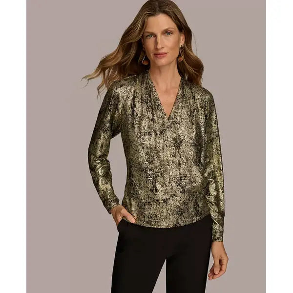 Macy's Women's Metallic Faux-Wrap Top-Gold multi