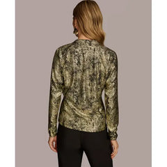 Macy's Women's Metallic Faux-Wrap Top-Gold multi