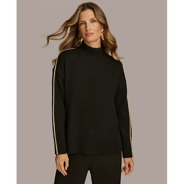 Macy's Women's Metallic Trim Mock-Neck Sweater-Black