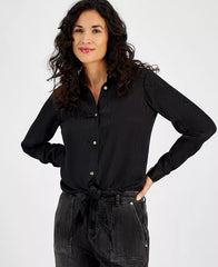 Macy's Women's Long-Sleeve Tie-Hem Shirt-Black