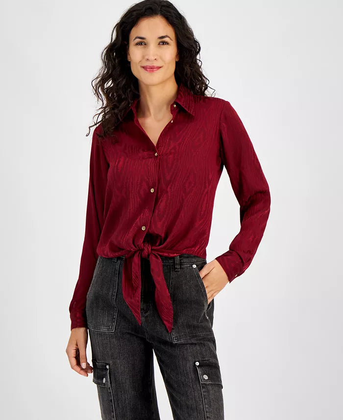 Macy's Women's Long-Sleeve Tie-Hem Shirt-Dark Brand