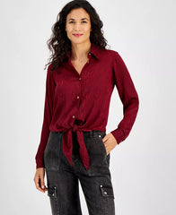 Macy's Women's Long-Sleeve Tie-Hem Shirt-Dark Brand
