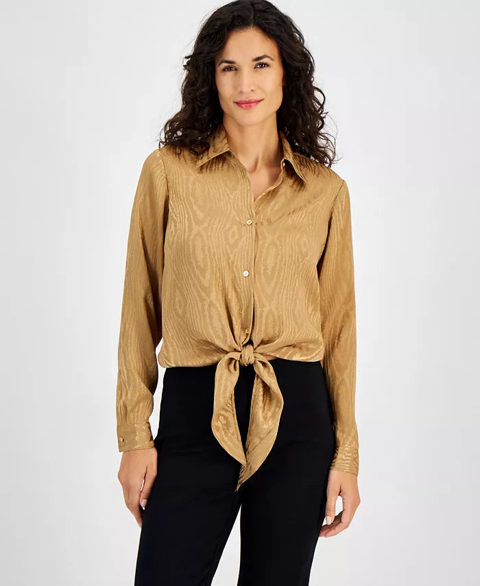 Macy's Women's Long-Sleeve Tie-Hem Shirt-Dark camel
