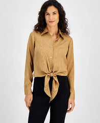 Macy's Women's Long-Sleeve Tie-Hem Shirt-Dark camel