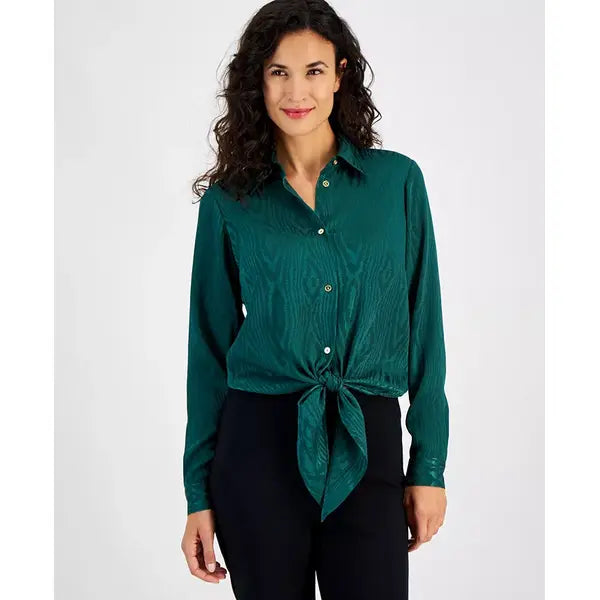 Macy's Women's Long-Sleeve Tie-Hem Shirt-Dark emerlad