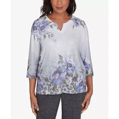 Alfred Dunner Petite Worth Avenue Beaded Split Neck Floral Shimmer Top, Grey , Size PS