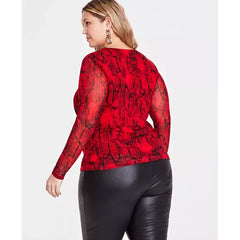 Plus Size Printed Mesh Cutout Long-Sleeve Top, Created for Macy's-Veera combo