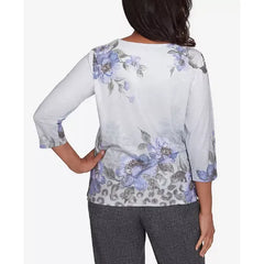Alfred Dunner Petite Worth Avenue Beaded Split Neck Floral Shimmer Top, Grey , Size PS