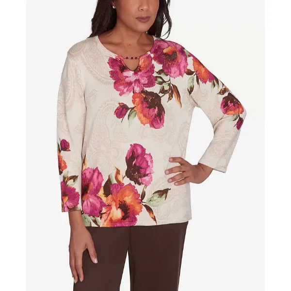 Alfred Dunner Petite Wine Country Watercolor Floral Beaded Split Neck Top, Muneutr , Size PS