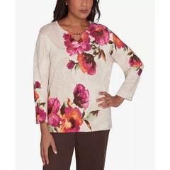 Alfred Dunner Petite Wine Country Watercolor Floral Beaded Split Neck Top, Muneutr , Size PS