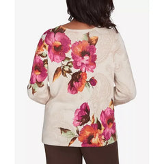 Alfred Dunner Petite Wine Country Watercolor Floral Beaded Split Neck Top, Muneutr , Size PS
