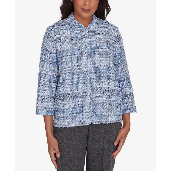 Alfred Dunner Petite Worth Avenue Eyelash Jacket with Two Pockets, Mupurpl , Size PS