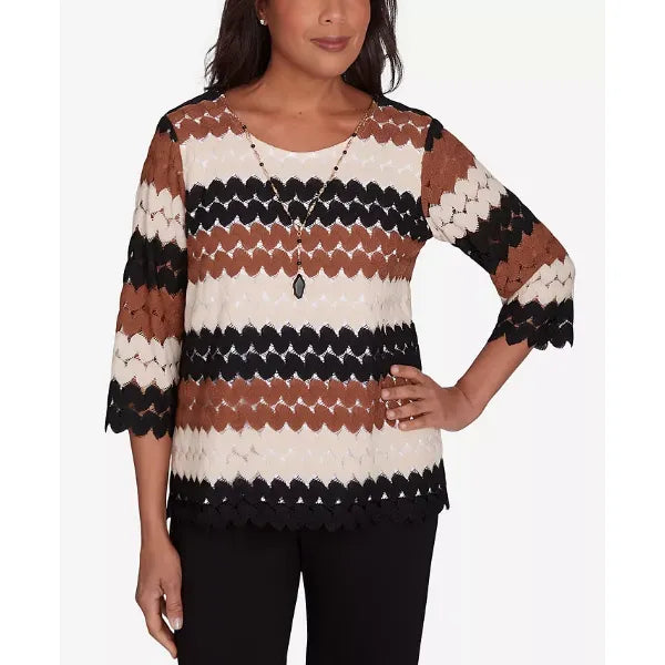 Alfred Dunner Petite Rue Rivoli Lace Textured Necklace Top, Muneutr, Size PM