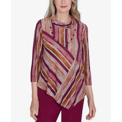 Alfred Dunner Petite Wine Country Spliced Stripe Necklace Top, Mured
